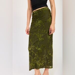 164B. Floral Mesh Maxi Fitted Skirt - Olive